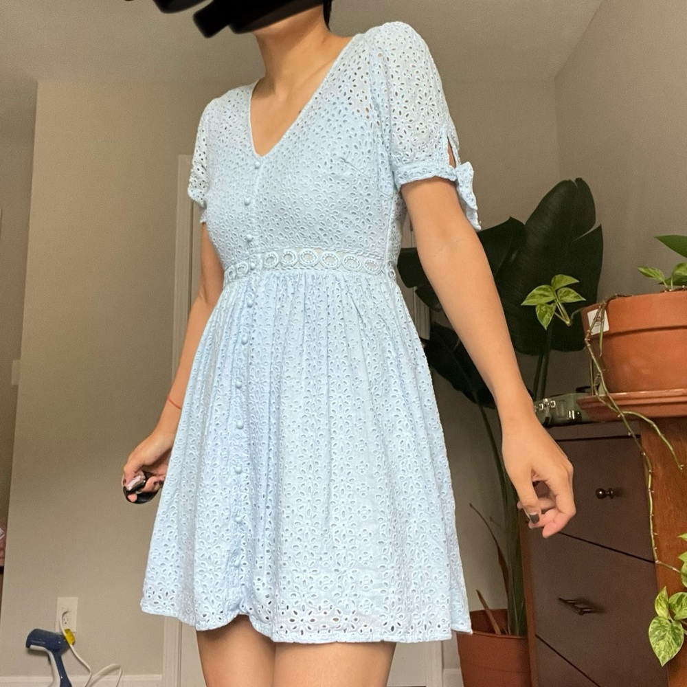 Aqua Light Blue Eyelet Midi Dress - Picture 3 of 16